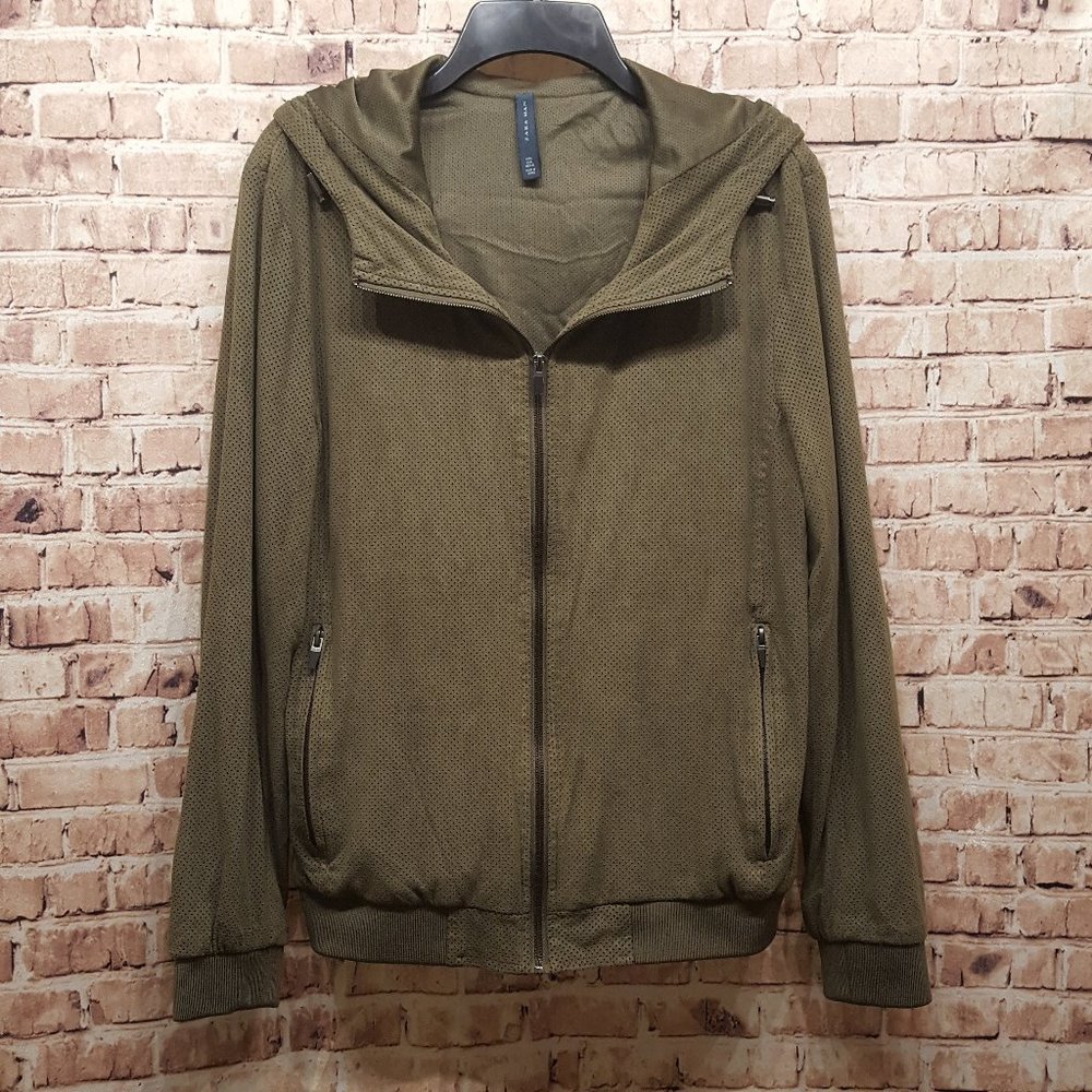Zara Man Bomber Jacket Full Zip Faux Suede Hooded Zip Pockets Size Large